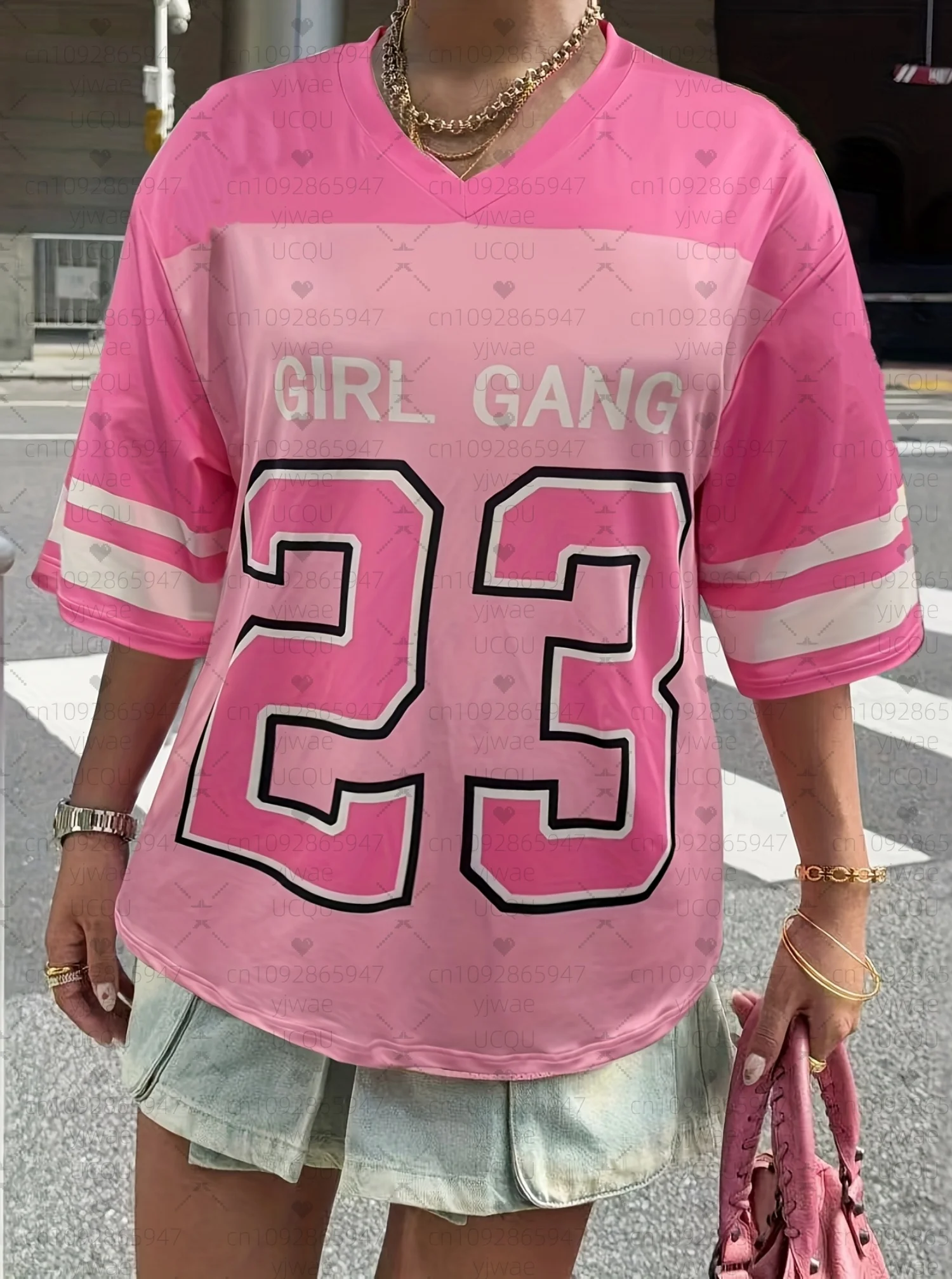 

HOT SELL Women GIRL GANG 23 Print V-Neck Short Sleeve T-Shirt Summer Tee Baseball Jerseys Stripe Oversized Sport T-Shirt