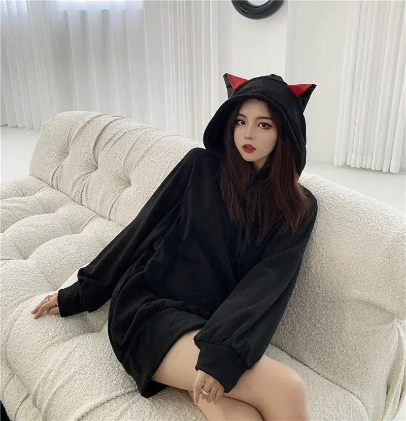 

Korean Cat Ears Hoodie Women Black Kawaii Long Sleeve Autumn Winter Loose Casual Hooded Sweatshirt Gothic Streetwear Y2k Clothes