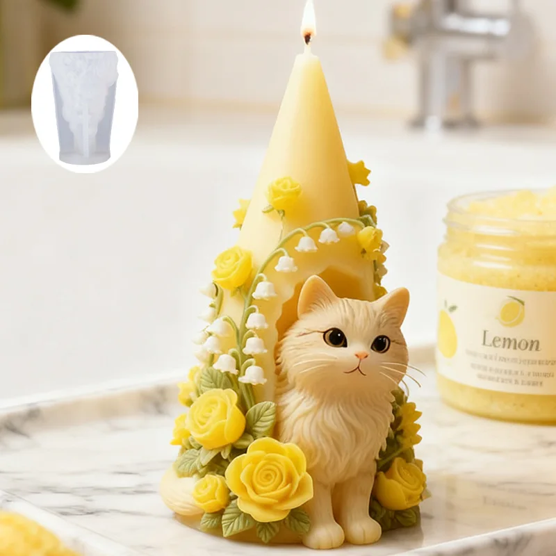 

Cat's Flower Triangle Tent Candle Molds DIY Handmade Home Aroma Cute Kitten Plaster Cement Resin Mold Soap Candle Silicone Mould