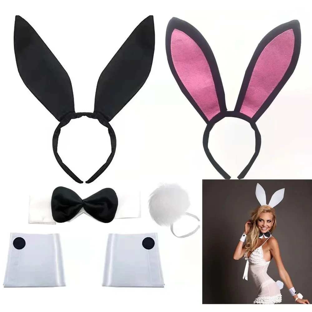 Orelhas de coelho Headband Set para meninas, Coelhinho do Dia das Bruxas, Gravata de vestir, Cauda de bola de pelúcia