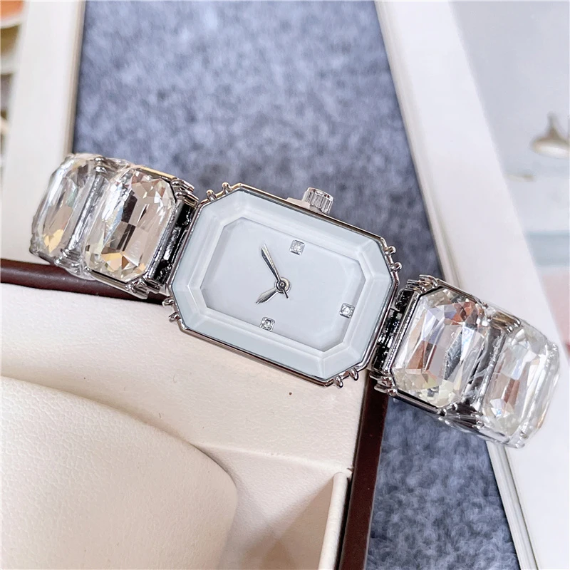 Fashion Brand Wrist Watches Women Girl Beautiful Rectangle Colorful Gems Design Steel Metal Band Clock S72