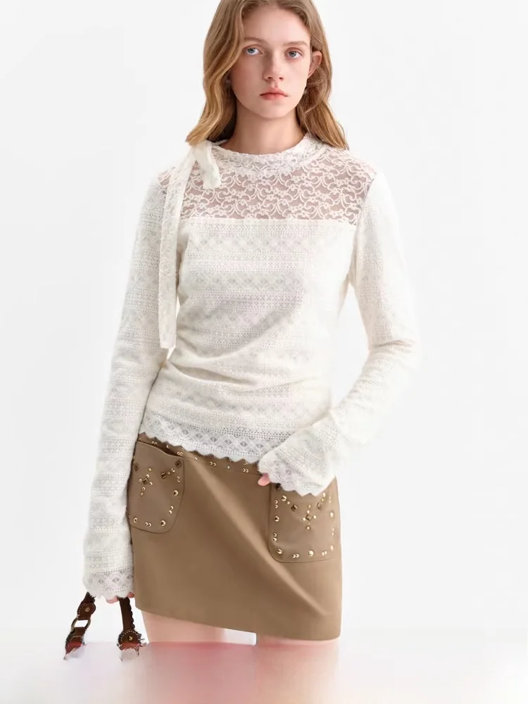 

Fansi Lanen Women's Knitted Lace Hollow out Belted Top Winter 2025 New Sle Soft Nylon Long Sve round Ne Pullover