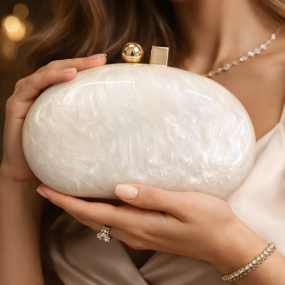 Elegant Beige Pearl Coffee Oval Acrylic Shoulder Bag Women Fashion Evening Clutch Shell Clutch Bag High Quality Women's Handbags view 3