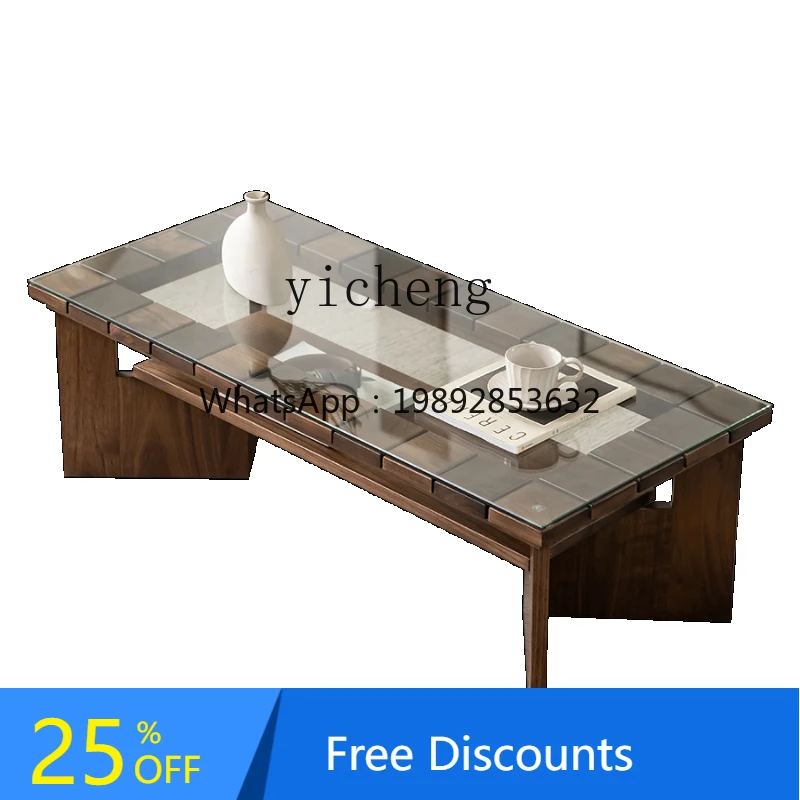 AA Black Walnut Rectangular Double-Layer Glass Coffee Table Living Room Small Tea Table