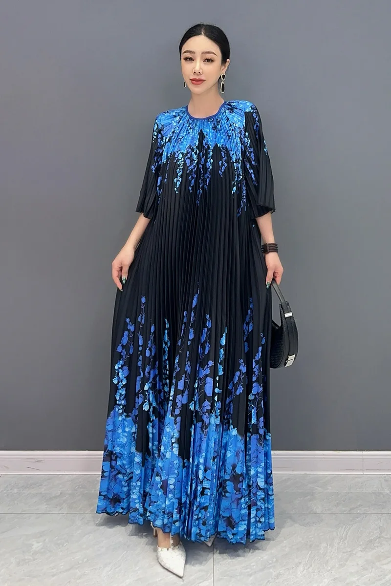 Summer New Elegant Contrast Color Printed O Neck Loose Long Dresses For Women Fashion Folds Dress Wholesale