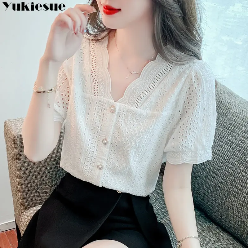 2023 Summer Fashion Korean Leisure Harajuku Females V-neck Tops Vintage New Puff Sleeve Shirts Women Solid Elegant Sweet Lovely