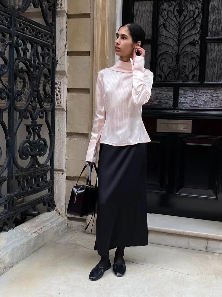 

Элегантная розовая полосатая рубашка с шарфом и воротником, женская рубашка с длинным рукавом на талии, короткая молния сзади, 2025 г., женская повседневная одежда для поездок на работу