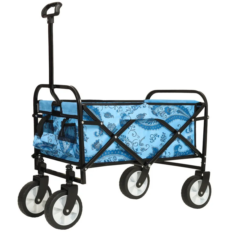 

Colorful Collapsible Foldable Wagon Cart With Strapping System Beach Wagon Camping Shopping Supports 225lbs Flower Blue Light