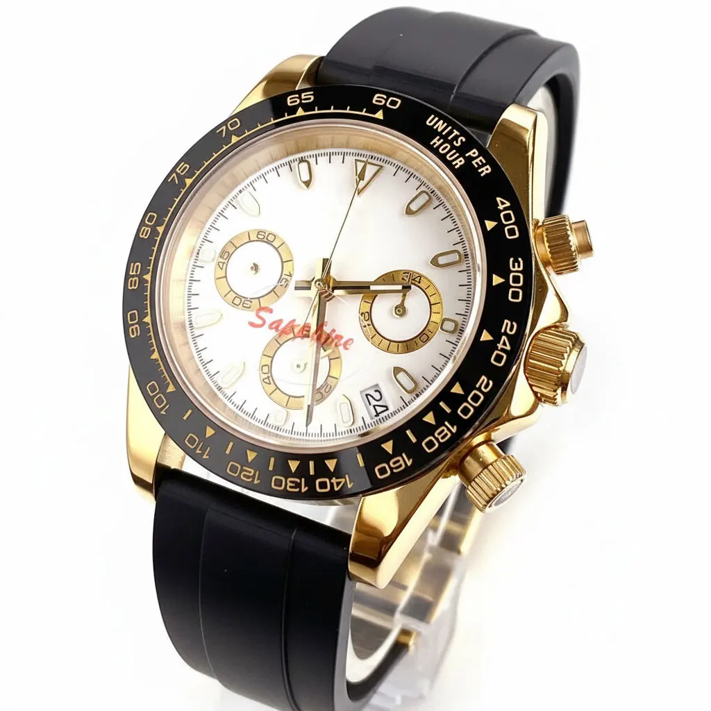 Business Golden Coating 39mm Sapphire Glass Japan VK63 Quartz Movement Men Multi-functional Chronograph Watch Black Rubber Strap