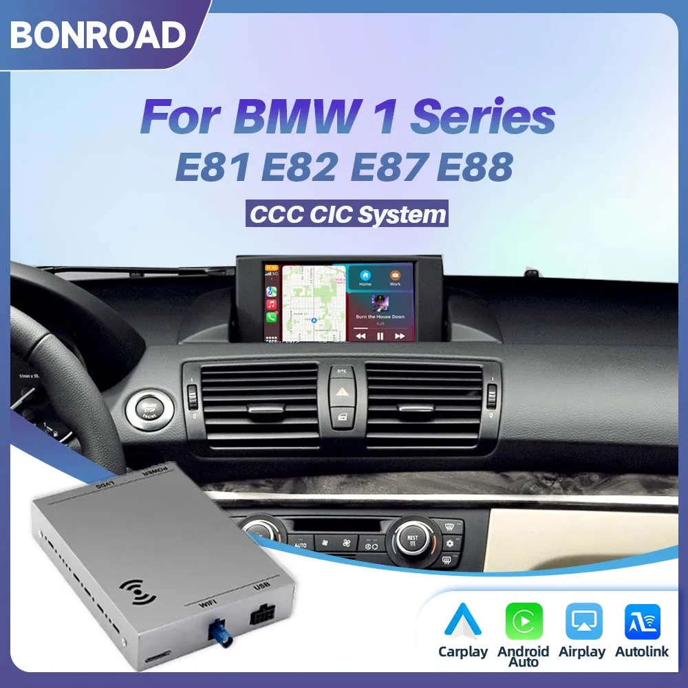 Module CarPlay sans fil BONROAD pour BMW CCC CIC Série 1 E81 E82 E87 E88 avec Bluetooth Mirror Link AirPlay Navigation, prend en charge la mise à niveau de la caméra