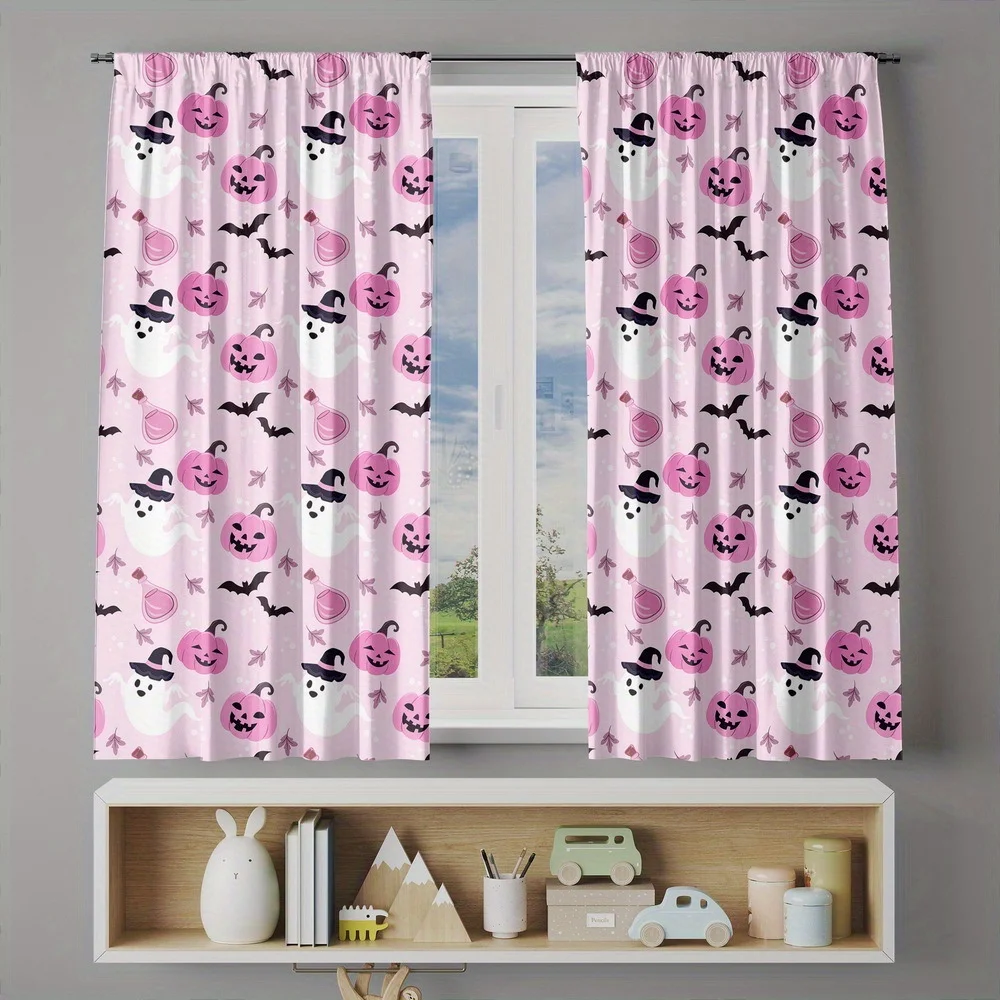 2PCS Digital Printed Curtains, Cute Pink Pumpkin Ghost Bat Pattern, Kawaii Halloween Style for Kids Bedroom Party Decor