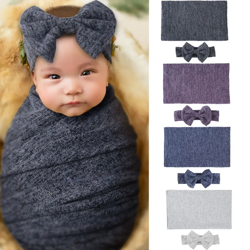 

2Pcs/Set 165*40cm Infants Wraps Cloth and Bowknot Hairbands Baby Photography Props Solid Color Shooting Blanket Newborn Gifts