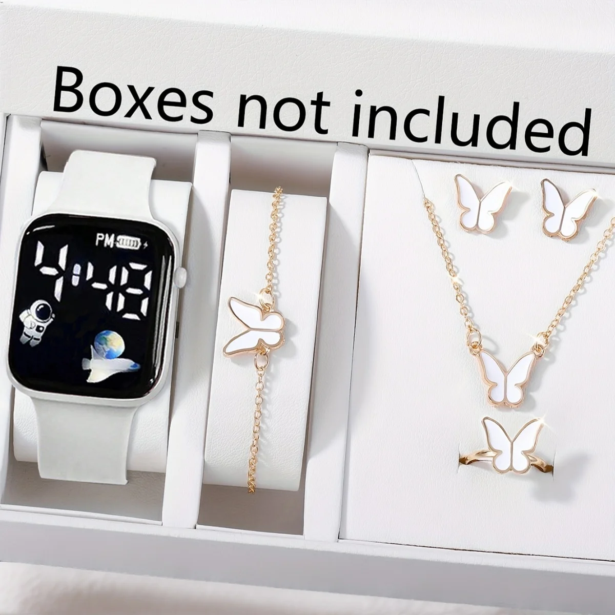 

Элегантный женский комплект украшений с электронными бабочками, 6 предметов | Цифровой циферблат, в комплекте с колье, браслетом, серьгами и кольцом