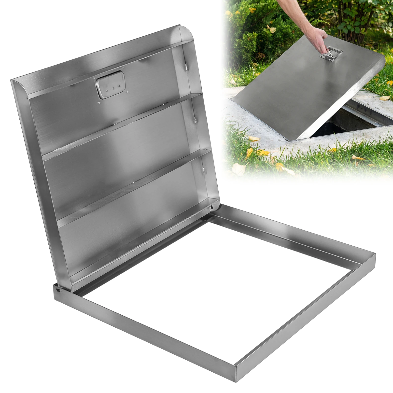 

Крышка люка для инспекции из нержавеющей стали 26.97x23.62 дюйма, сверхпрочная металлическая смотровая крышка с ручкой для подъездных путей, бетонных покрытий и дворов