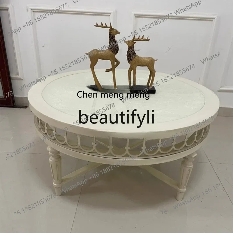 N178 G American modern retro exquisite coffee table, solid wood hollow carving marble surface round