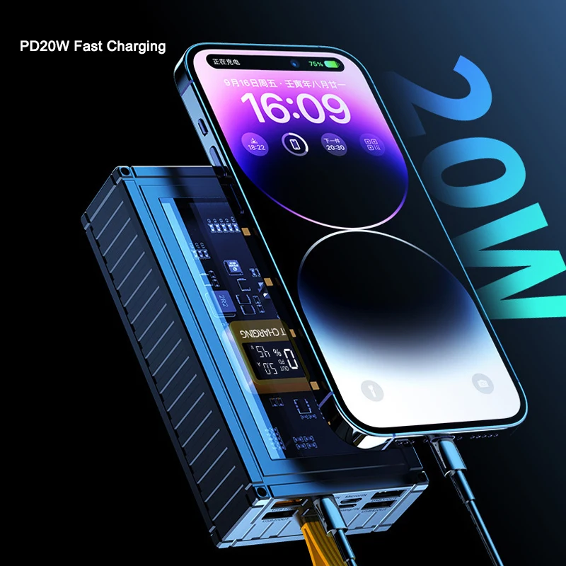 باور بانك شفاف وشحن سريع في اتجاهين مع إضاءة ليد ، من من من ماركة xah ، من نوع PD20W ، مناسب لهاتف آيفون 15 ، 14 ، شاوميو ، وهواوي ، وسامسونج