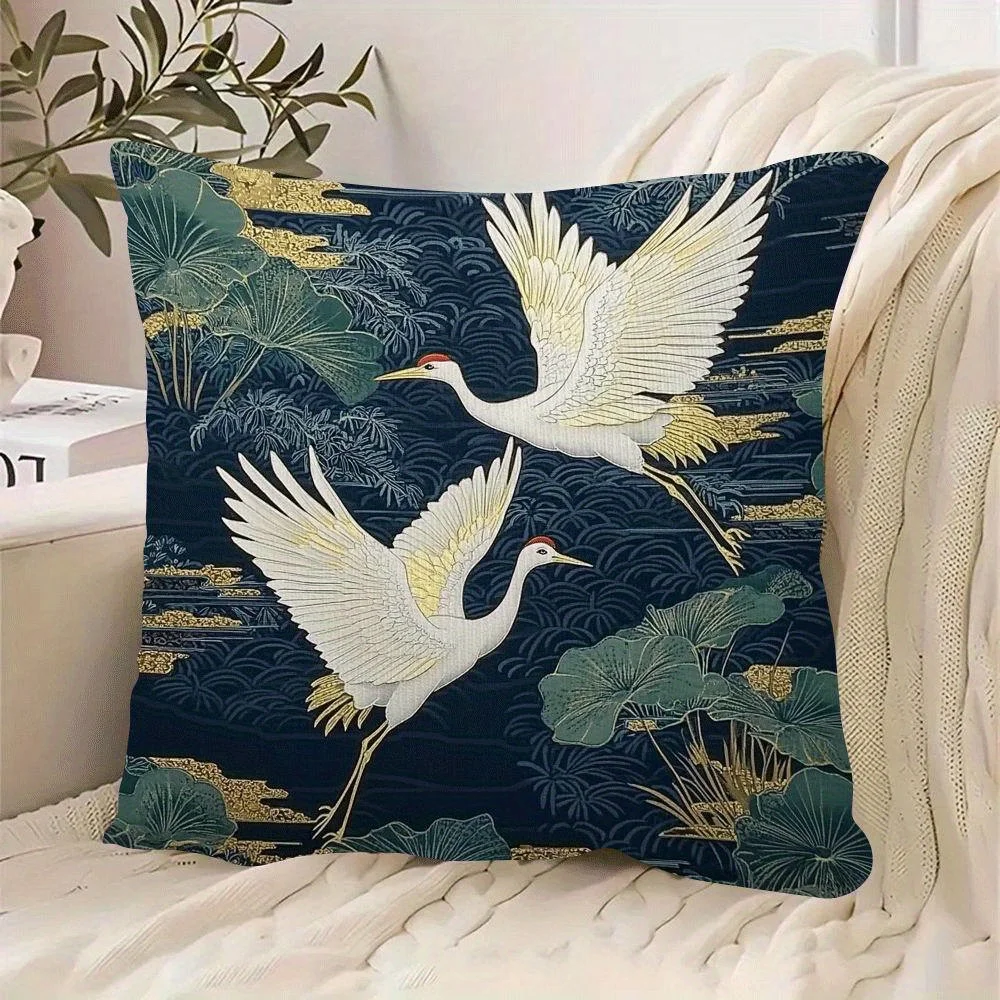 1pc Navy blue and gold crane patterned pillowcase with zip closure, suitable for beds and sofas (pillow insert not included).