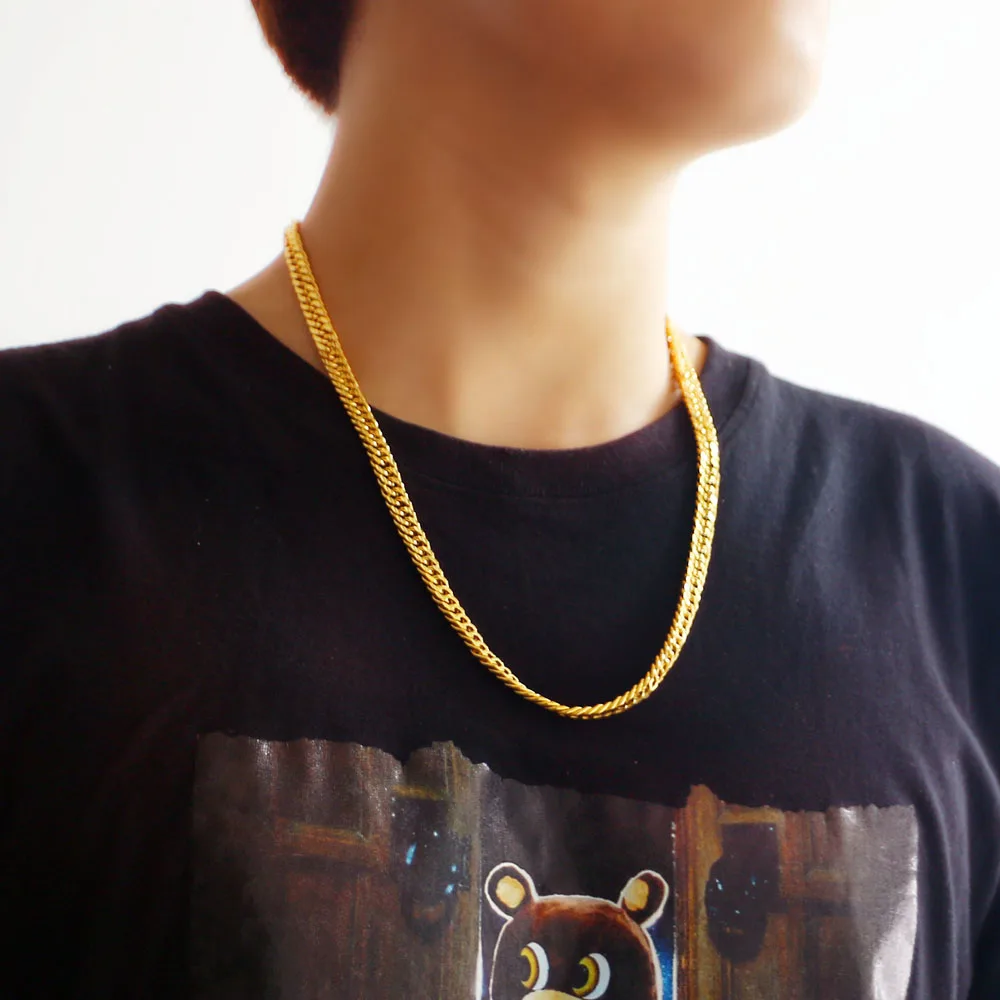 Shiny Luxury Men\'s Necklace 925 Silver 24k Gold Plated 8mm Cuban Chain Cool Teens Delicate Clavicle Chain Choker Party Jewelry