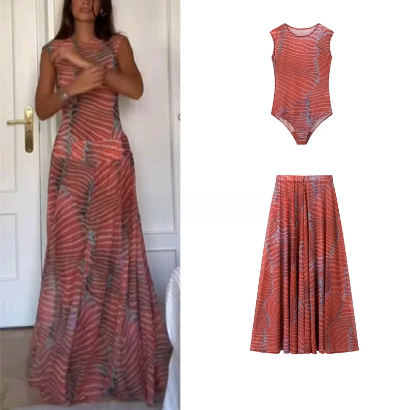 

Fall New Women's Svel round Ne Jumpsuit High Waist Midi Skirt Set Ele Sle Casual Stripe Pattern Faionable Ens...