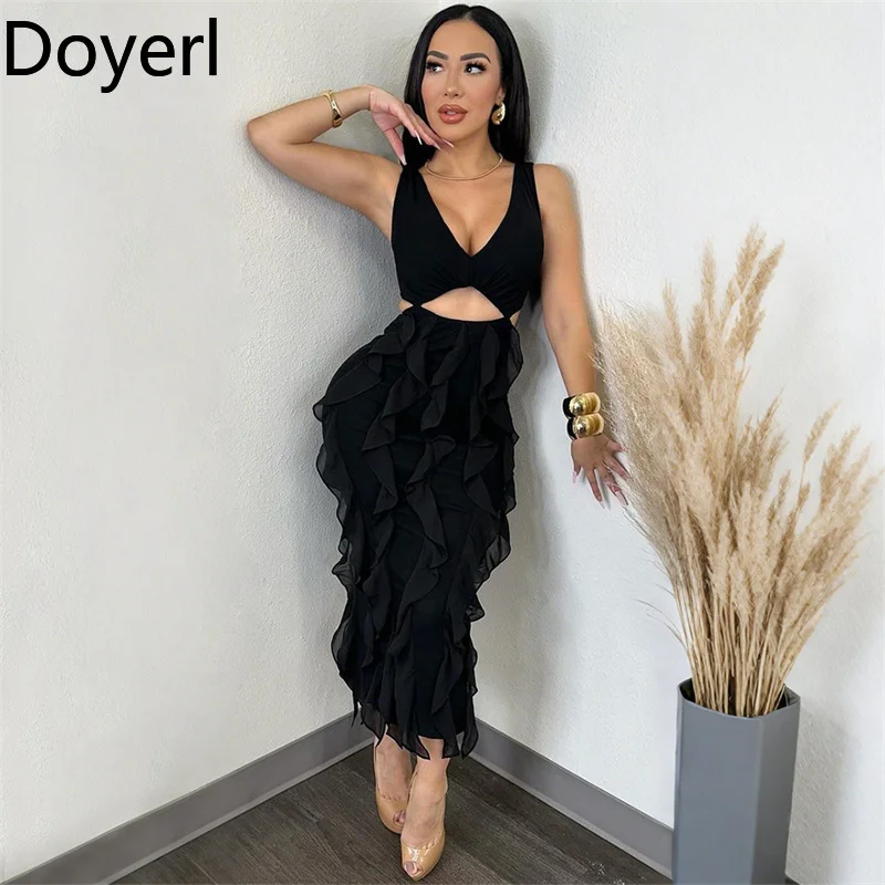 Doyerl Elegante abito lungo aderente scollato da donna Club Wear Canotta da festa senza maniche con scollo a V Guaina con volant Abiti lunghi di mezzanotte