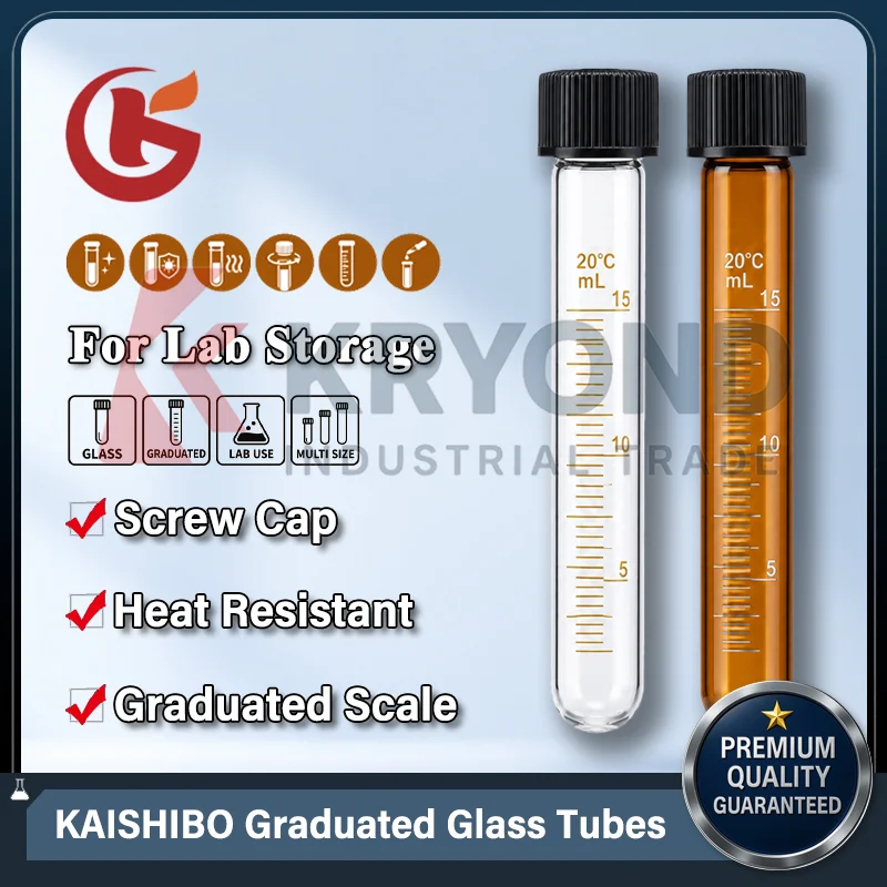 KAISHIBO Glass Screw Cap Centrifuge Tubes Graduated Clear 5-15mL Amber 5-50mL Round or Conical Bottom Laboratory Sample Storage