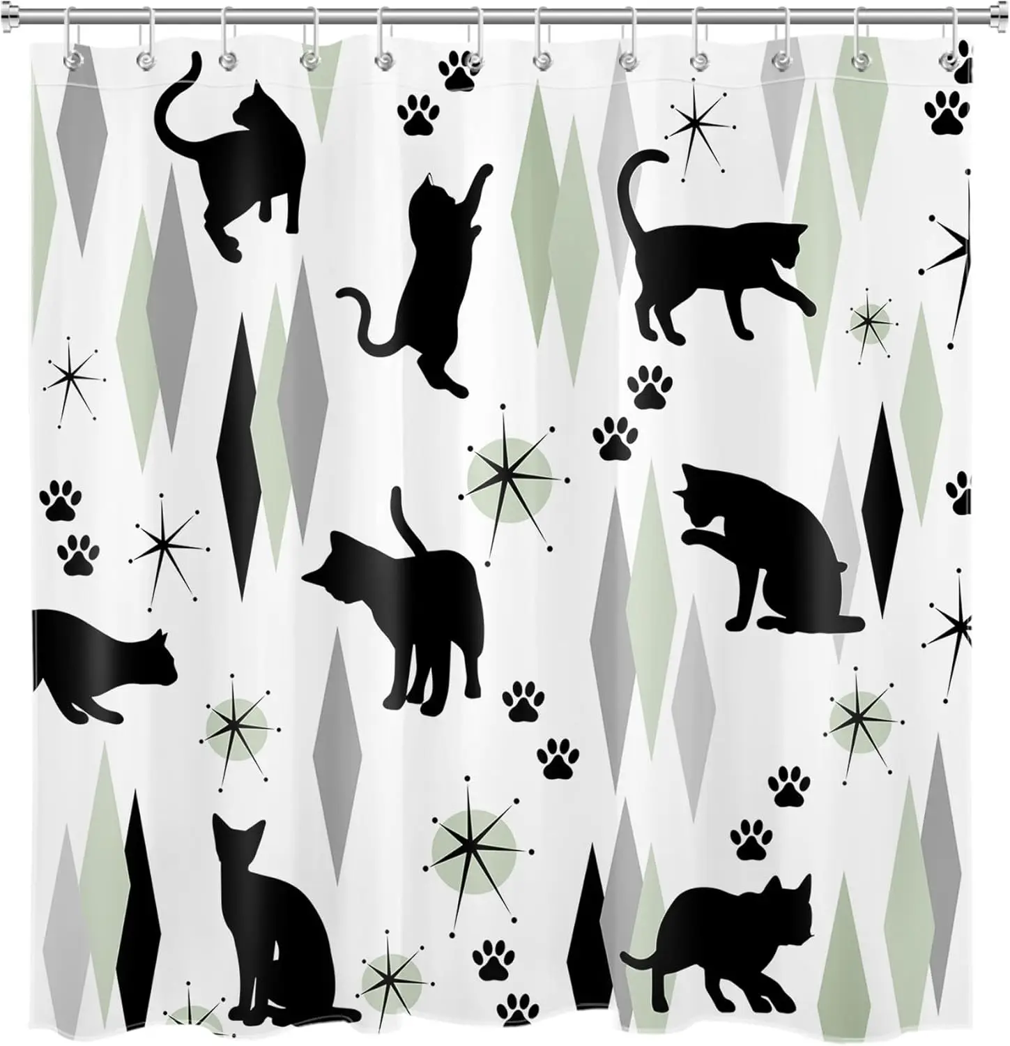 Mid Century Black Cat Shower Curtain for Bathroom Boho Sage Green and Grey Geometric Fabric Shower Curtain  Retro Cute Animal