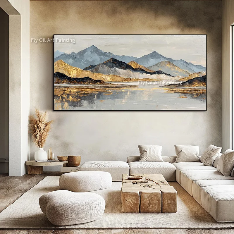 Handmade Canvas Wall Art Gold Foil Mountain Oil Painting Textured Landscape Horizontal Wall Decor For Living Room