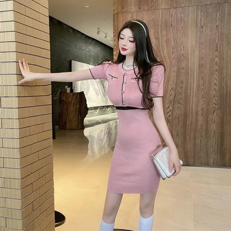 Elegant Women\'s Pink Mini Dress Sexy Skinny Striped Knitted Dresses for Woman Korean Collect Waist Short Sleeve Hip Wrap Dress