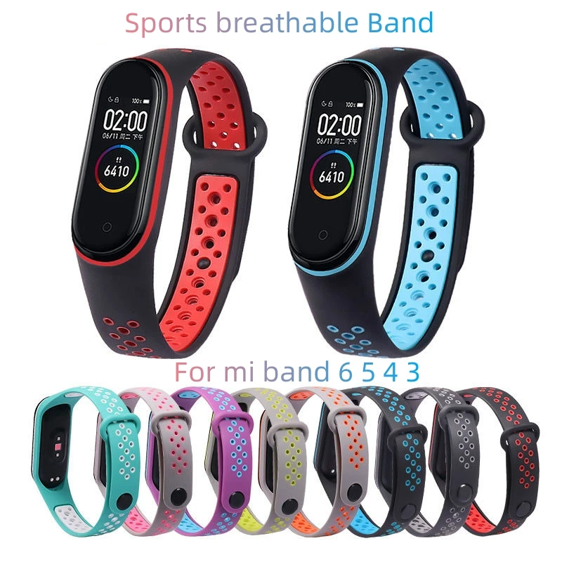 Breathable Straps for Xiaomi Mi Band 6 5 4 3 Two-color Wrist Porous Anti-sweat Sport Silicone Strap Buckle Replacement Strap