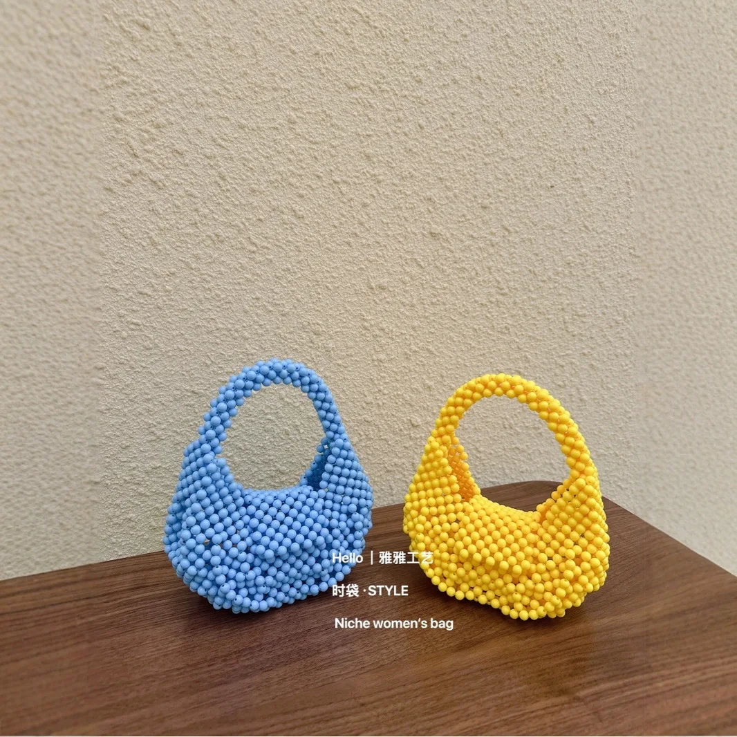 2026 Candy Colored Hand Woven Bead Production Pearl Women's Bag Casual Versatile Mobile Handbag Customizable Color Wholesale