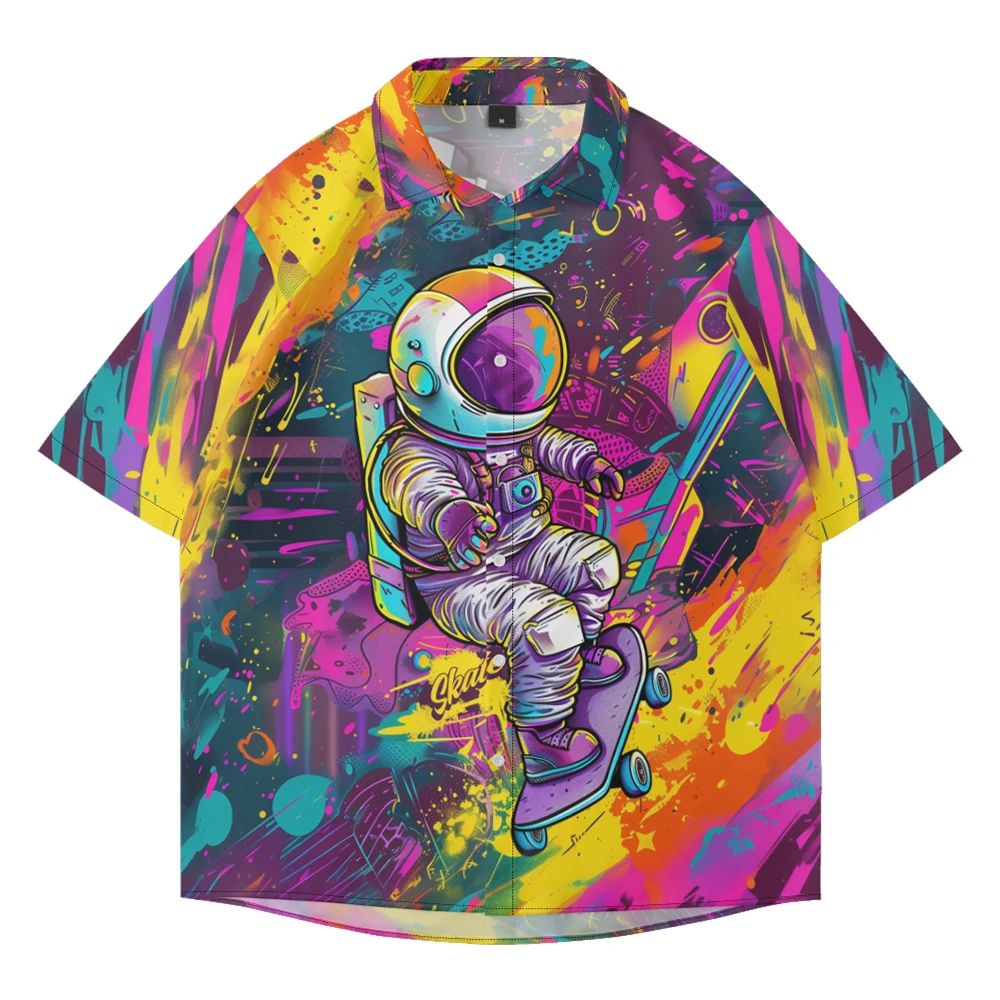 Summer casual large size short-sleeved lining element astronaut pattern loose trendy tulle beach single-breasted fashion shirt