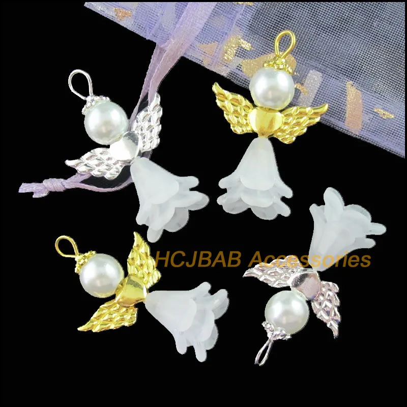 10Pcs Retro Gold Silver Plated White Acrylic Angel Charms Pendants 21.5x33mm