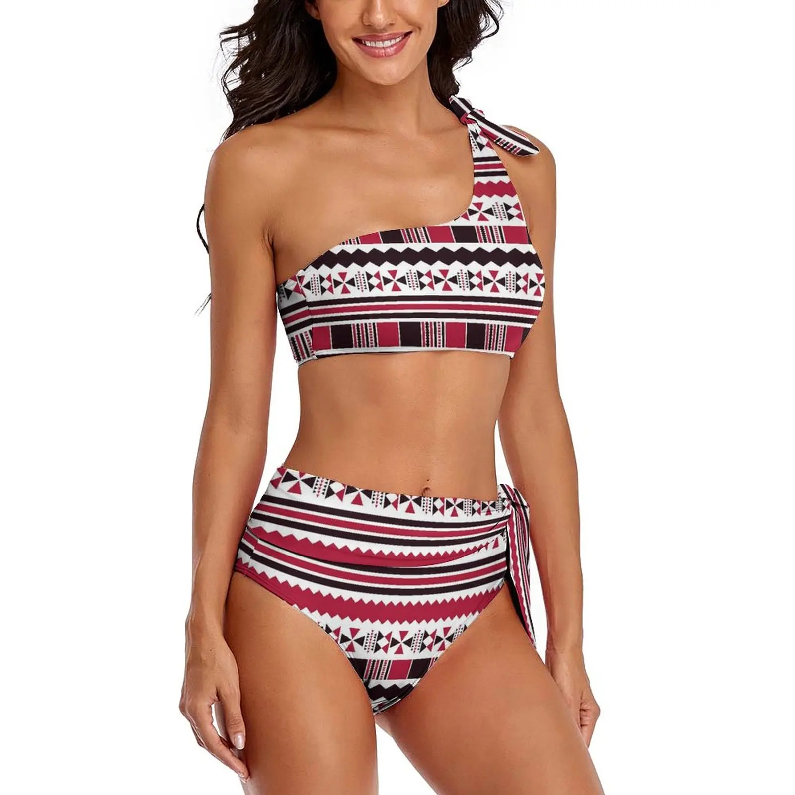 Sexy Red Ethnic Aztec Bikini Swimsuit Retro Print Swimwear One Shoulder Cute Bikinis Set Push Up Bathing Suit