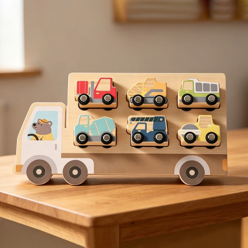 0-3 Jahre Auto-Spielzeug Holz-Baufahrzeug-Set Montessori Formen-Zuordnungspuzzle mit 6 Stück Baufahrzeuge Lernspielzeug – Detail 10