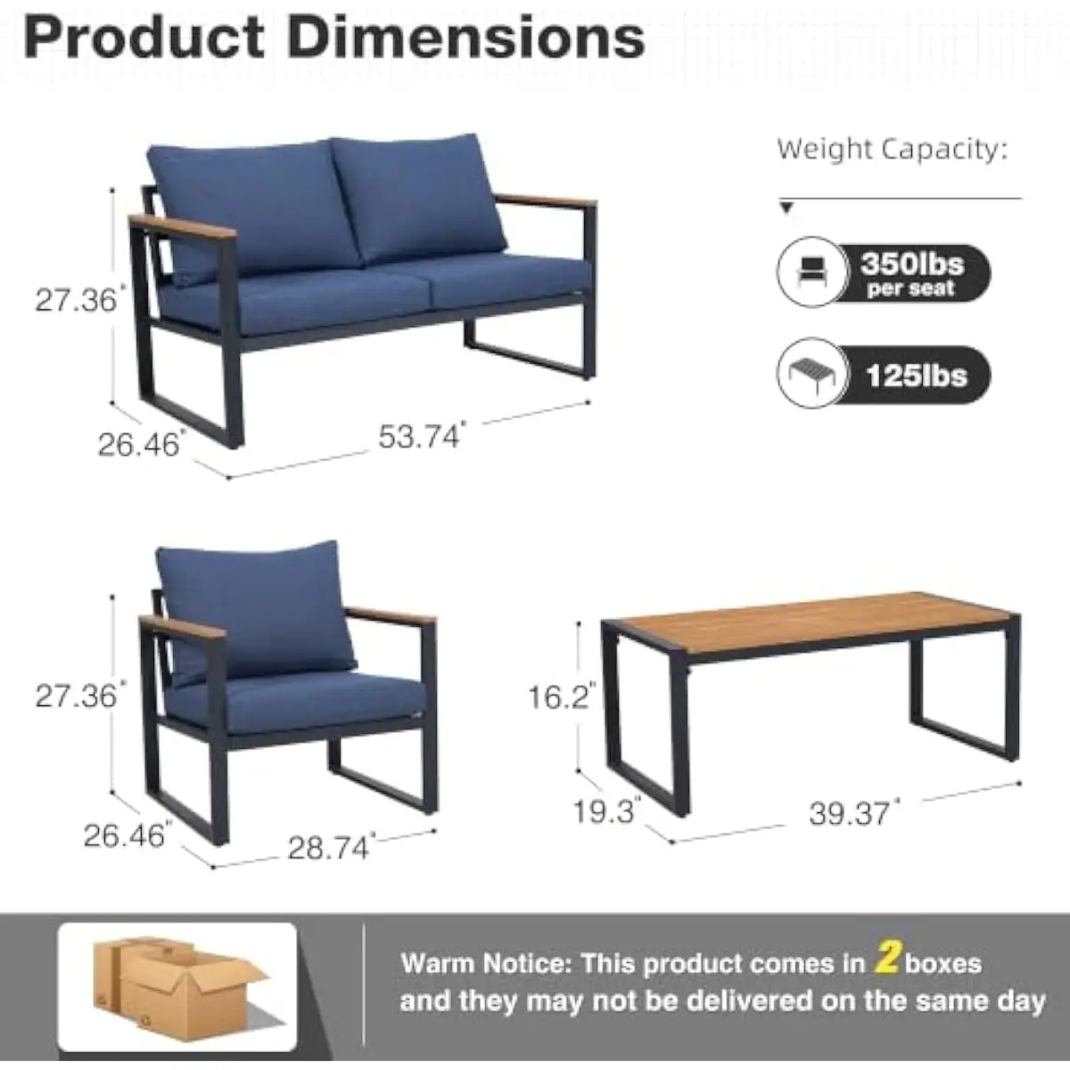 4-piece contemporary outdoor metal furniture set in blue with powder-coated frame 700-lb loveseat capacity removable washable cu