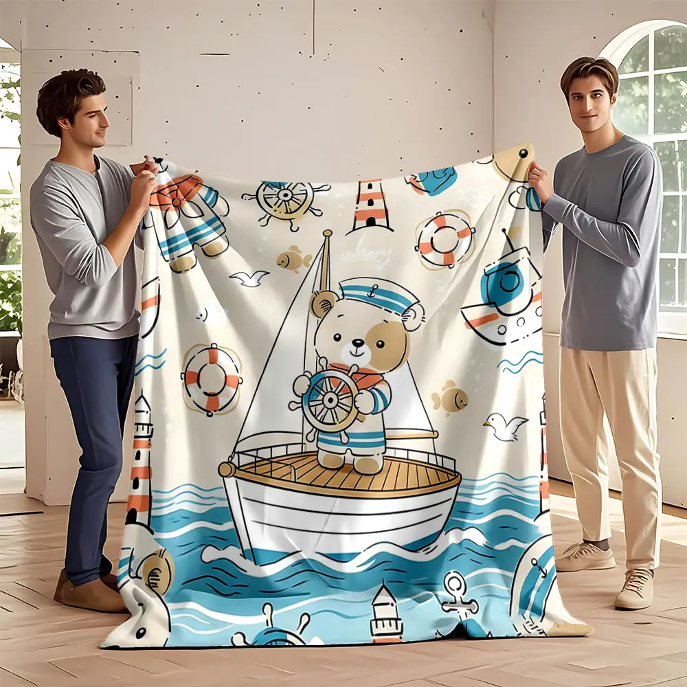 Cute Bear Naval Theme Printed Blanket Children Adult Blanket Soft and Warm Bedding for Bed Sofa Outdoor Travel Cover Blanket