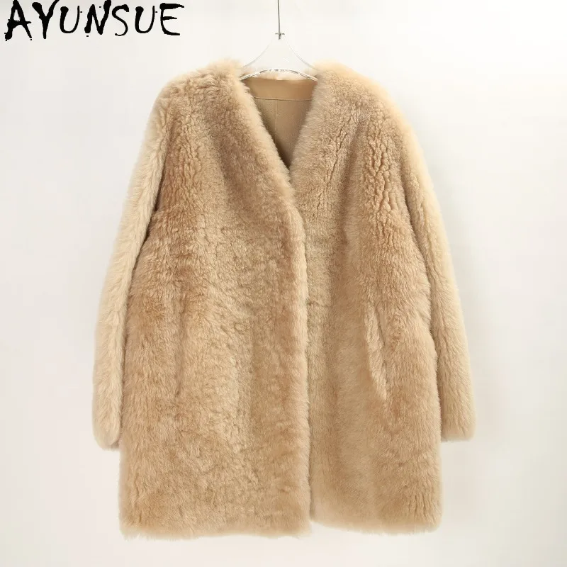 

AYUNSUE Women's Lambskin Shearling Coat Mid-length V-neck Jackets for Woman Casual Fashion Long Sleeve Tops Woman Clothes Casaco