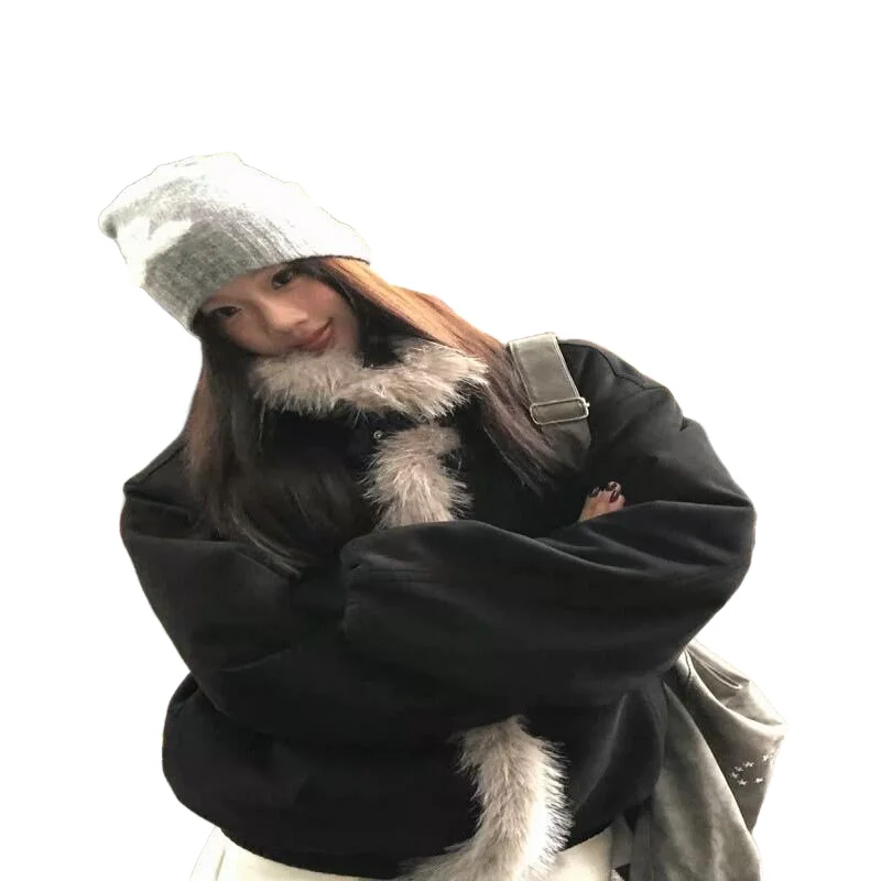 Women's Autumn and Winter Cotton Padded Jacket Outdoor Daily Wear Vintage Faux Fur Coat Winter 2025 New Black Suede Collar Tops