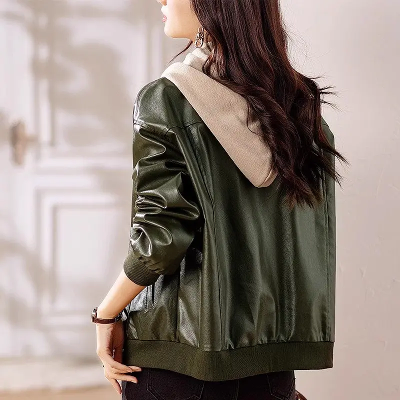 Korean Oversized Baseball Jacket Womens 2023 New Popular Autumn Loose Fitting And Stylish Detachable Hat Leather Coat z3194