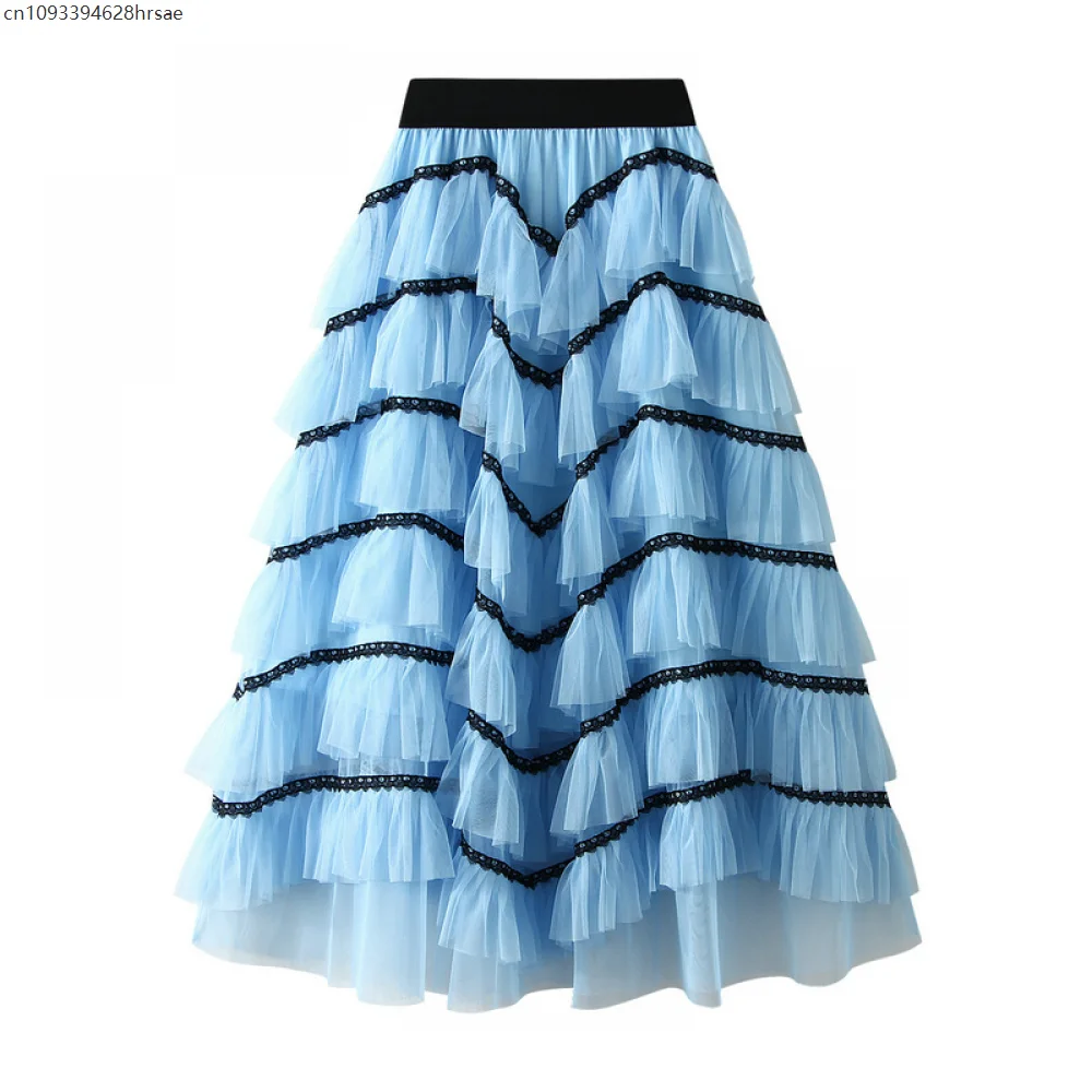 Women Long Sheer Tutu Skirt Tulle Mesh Layered Midi Skirt Holiday Multi Layer Dance Skirt Solid Cake Loose Halloween Party Skirt