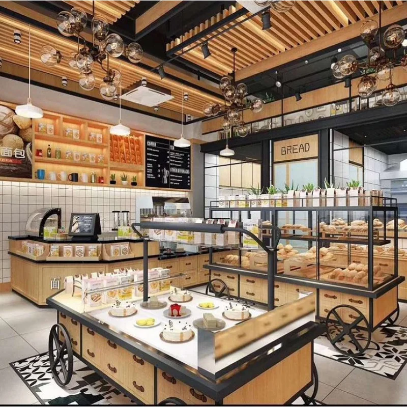 custom.Custom Bakery Display Cabinet Bread Display Cart Shape Stand Cake showcase Whole Shop Furniture Design and Manufacture