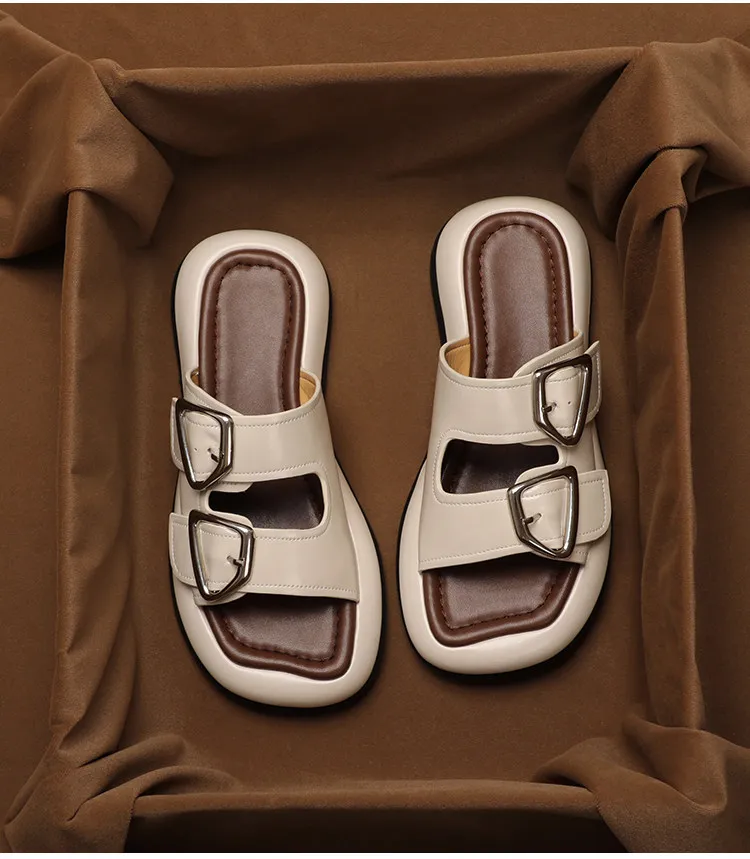 

SHOEBOX Summer New Leather Flat Heel Thick Bottom Open Toe Slippers with One Button Casual Beach Sheepskin Slippers