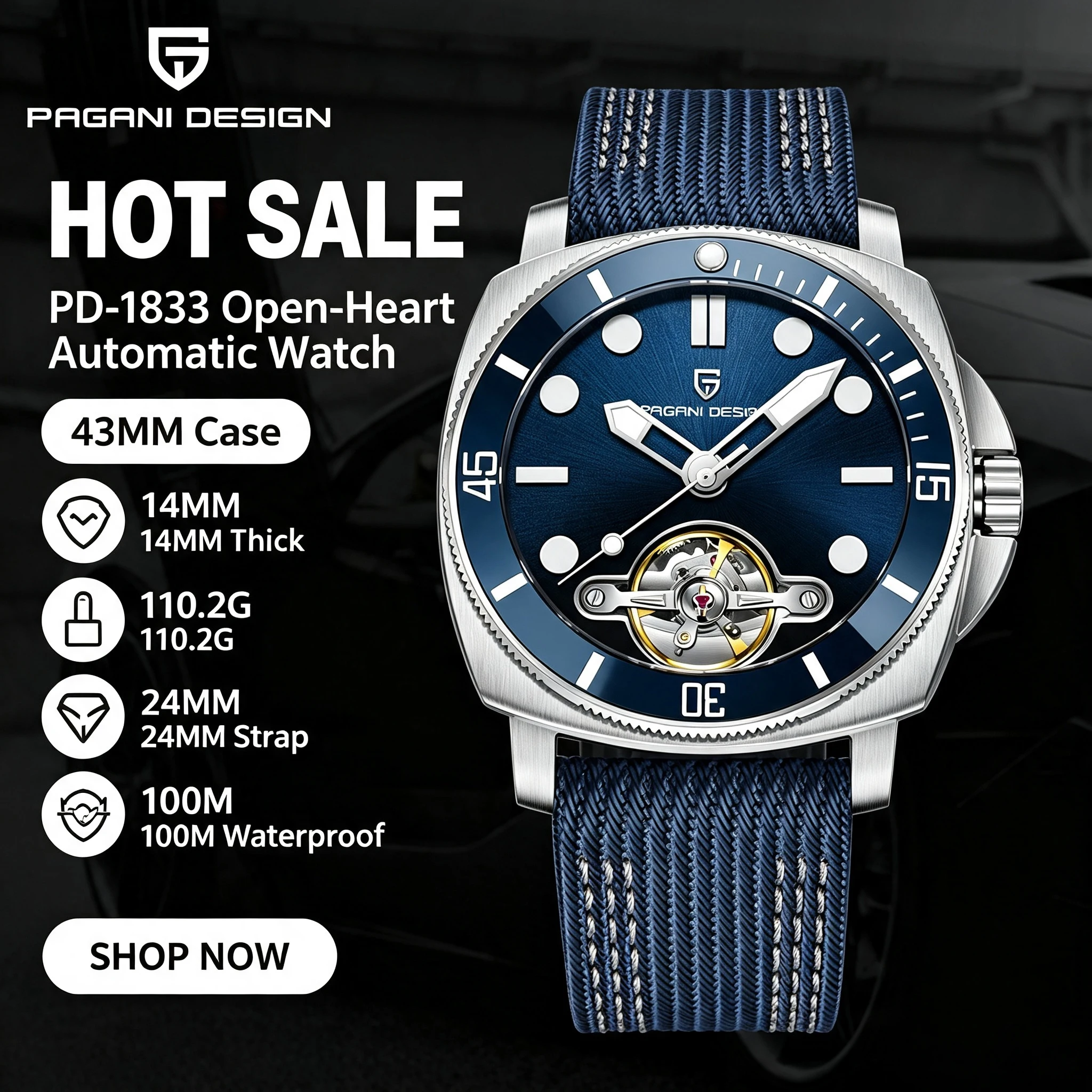 PAGANI DESIGN Luxury Men Open‑Heart Automatic Mechanical Watch Diver Dial Sapphire Luminous Stainless Steel Gift Wristwatch