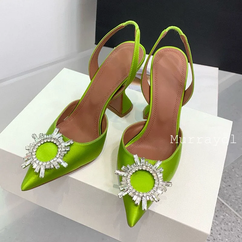 Spring Summer Fashion Crystal Decoration Satin Pumps New Women's Pointed Back Strap Solid Color Sandals Party Dress Shoes 2024