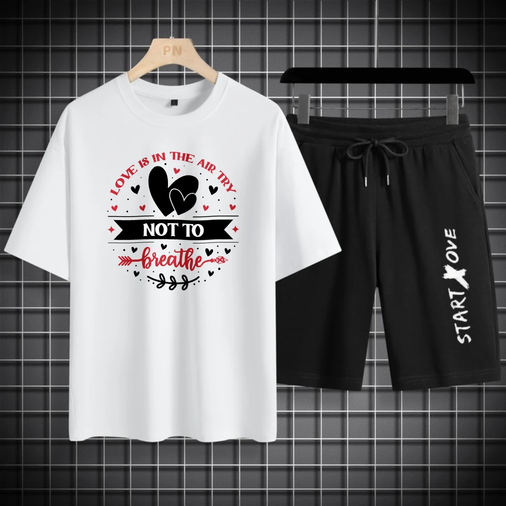 مجموعات الرجال الصيف التجفيف السريع الحب القلب المطبوعة الجرافيك تي شيرت البدلة الرياضية الرجال الصيف مجموعة قصيرة الأكمام المحملة + السراويل