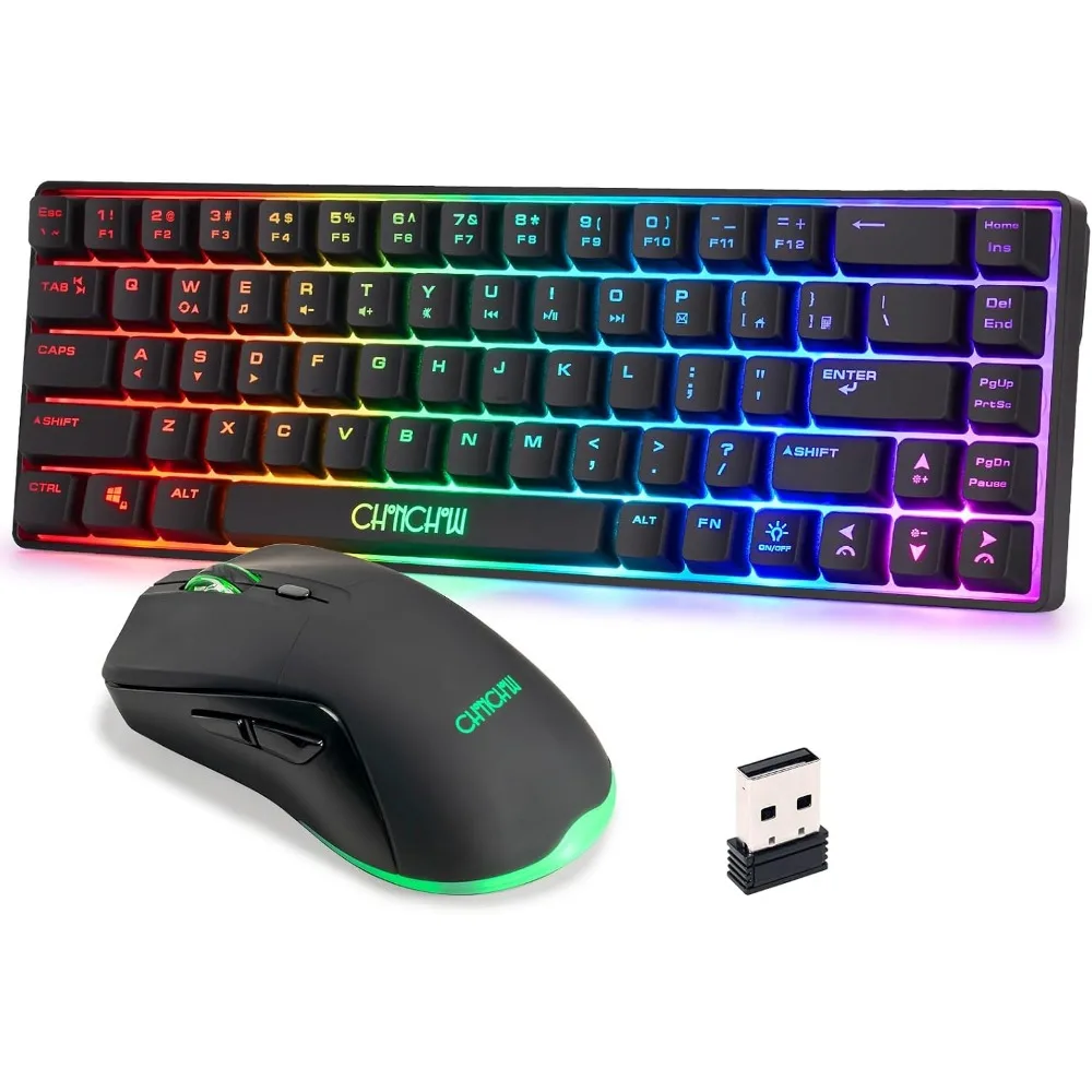 60% Wireless Gaming Keyboard and Mouse Set with LED Backlit, Rechargeable 2000mAh Battery for PC/Mac Gamers