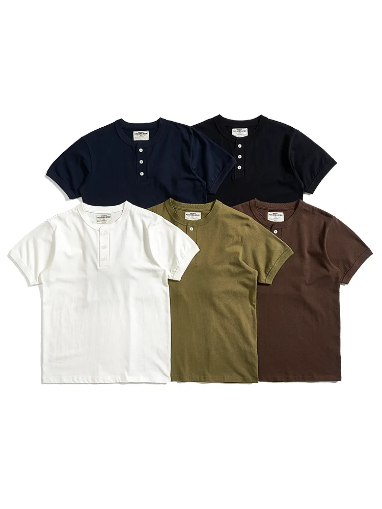 

Vintage Heavyweight Cotton T-irt Men's Summer ort Sve round Ne Pure Color Base Layer White Henry Collar Top