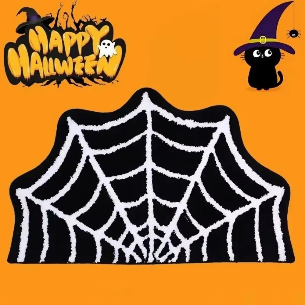 Faux Cashmere Spider Web Carpet Half Round Non-slip Halloween Doormat Water-absorbing Quick-Drying Floor Mat