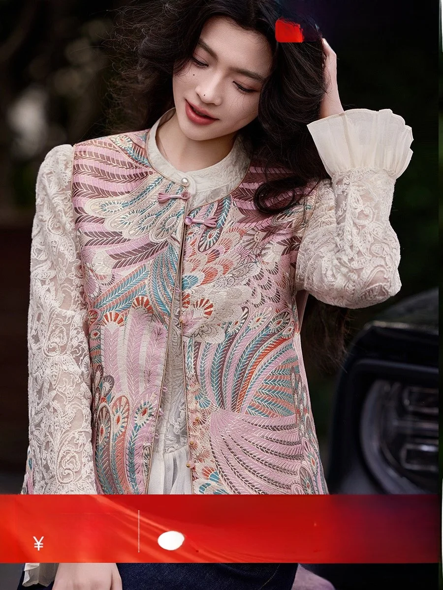 

Модный жилет с круглым вырезом и вышивкой на пуговицах, весна 2026, в китайском стиле, женская верхняя одежда для повседневной носки