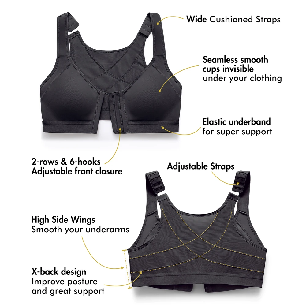 Women\'s Full Coverage Posture Front Closure Non Padded Wireless Corrector Bra X-shape Back Lingerie 34-42 44 46 48 DD E F G Cup